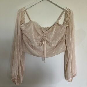 Juliana’s Sheer Beige Swiss Dot Ruched Crop Top Romantic Cottagecore Large